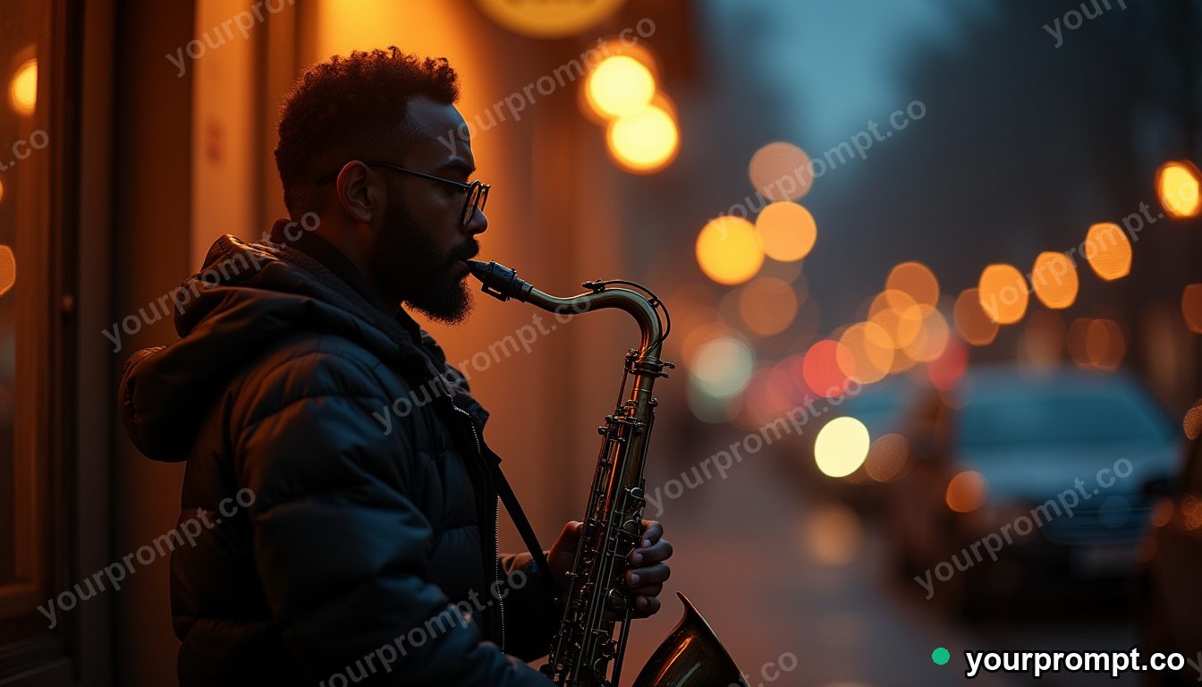 A street saxophonist under warm bokeh city lights