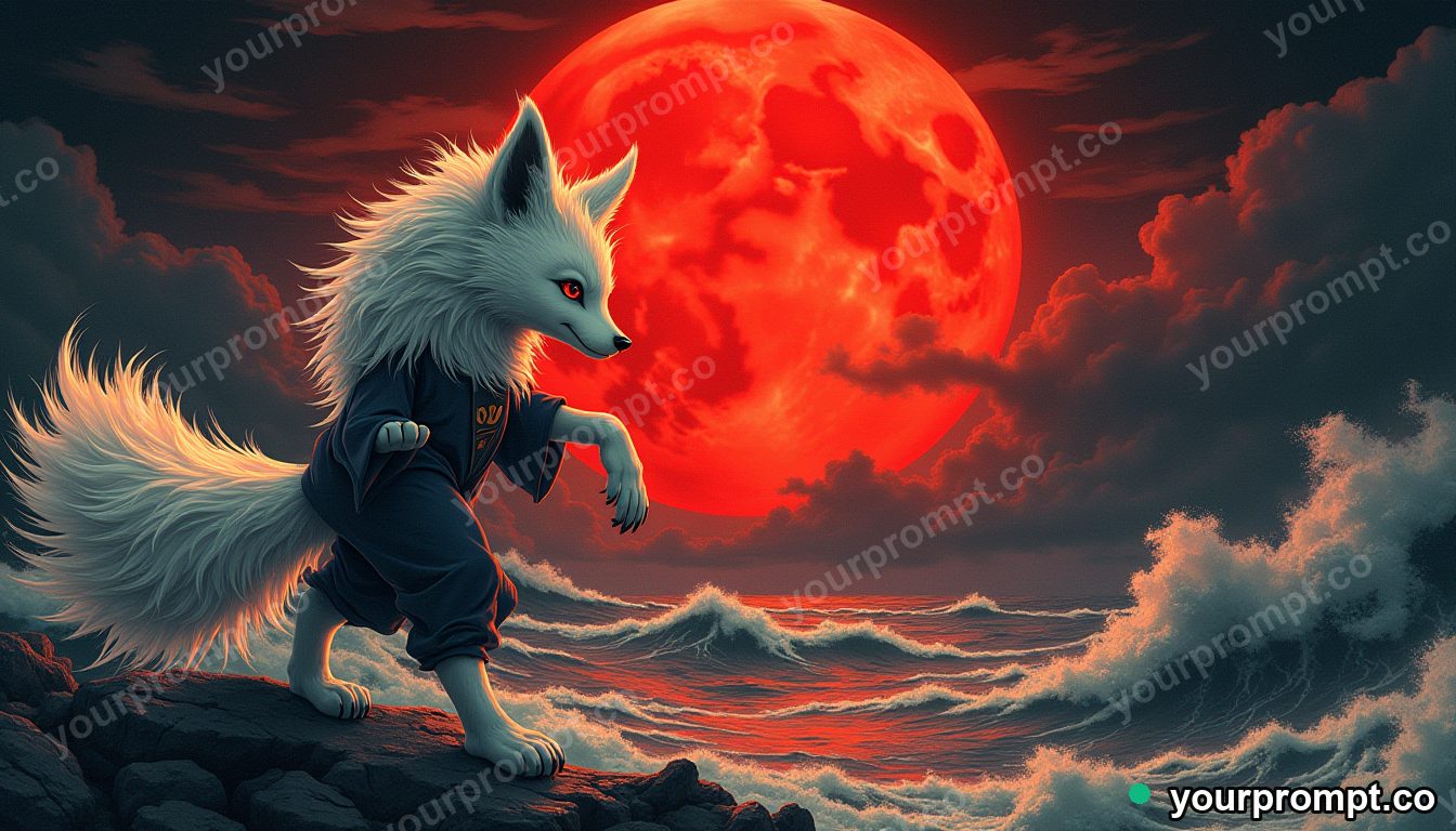 A kitsune dancing under a blood-red moon