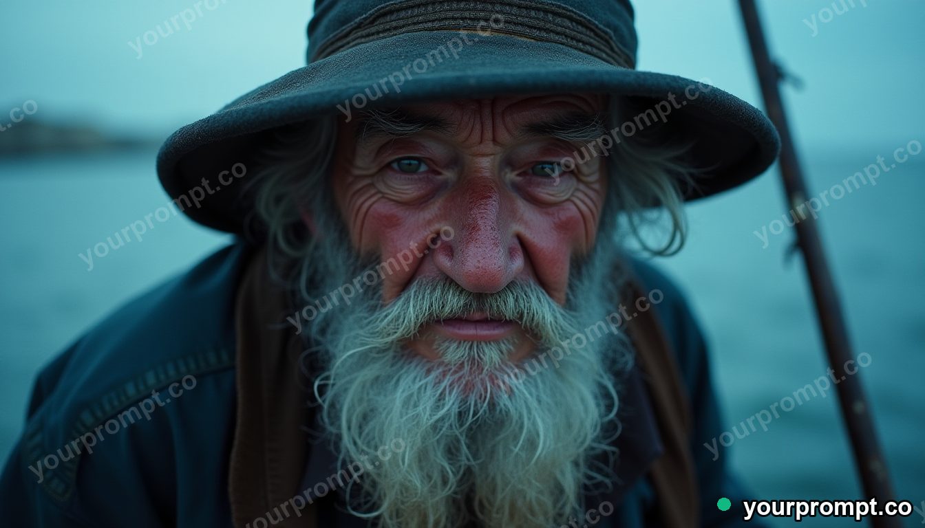 A wise elderly fisherman with a weathered face, fictional