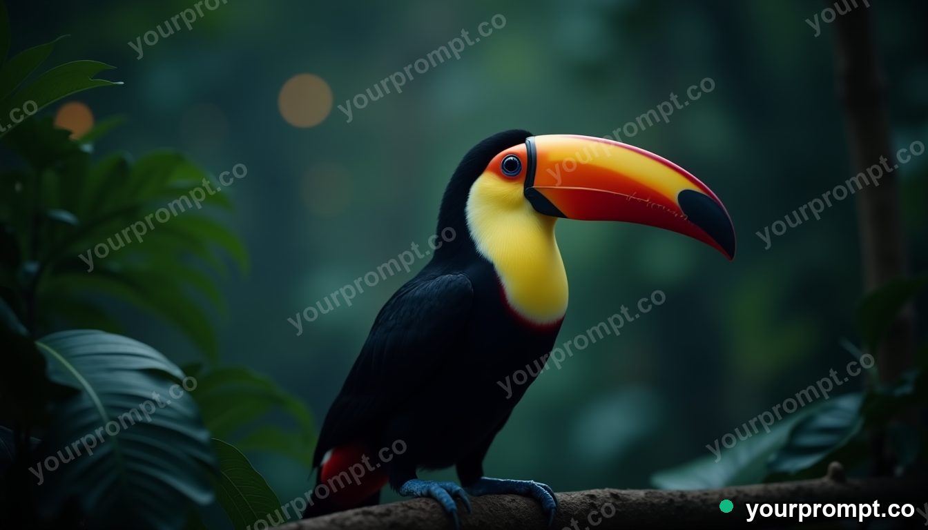 A toucan with a vivid beak on a jungle branch