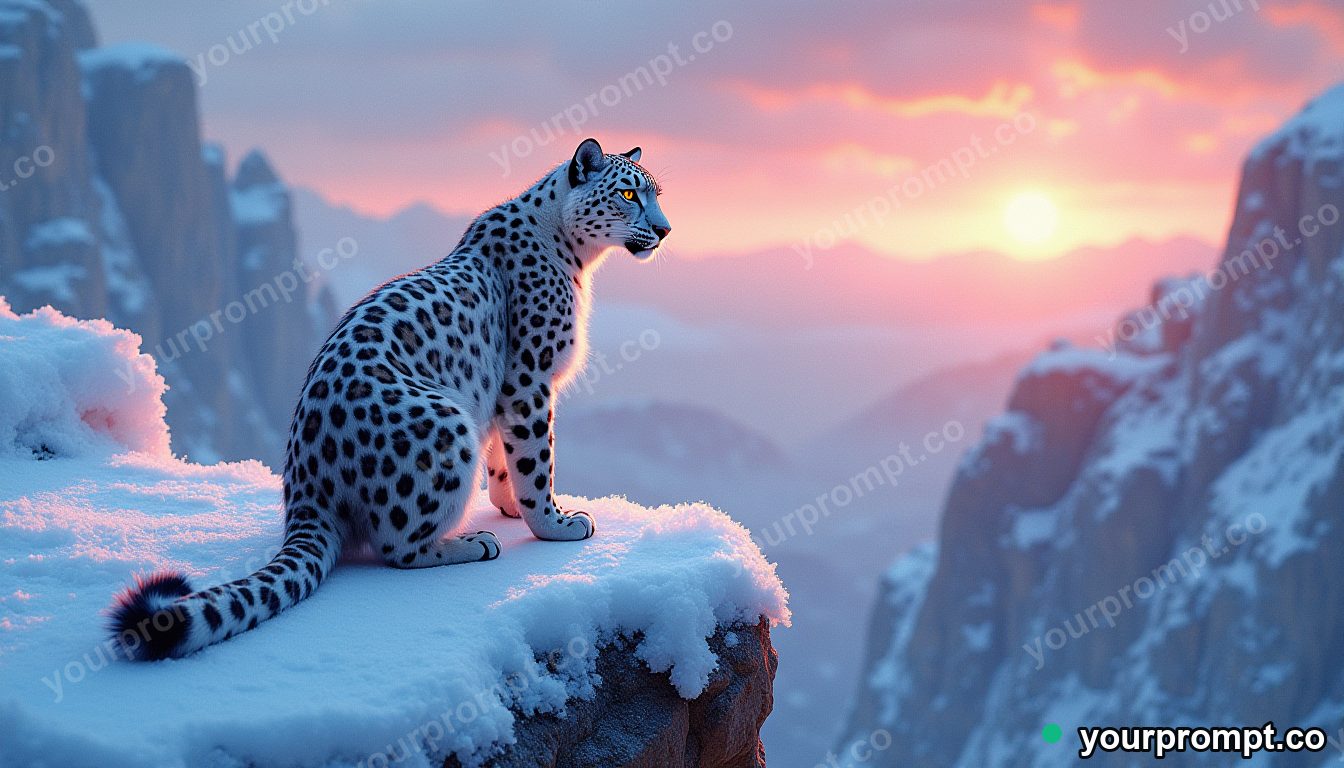 A snow leopard on a frozen cliff at dawn