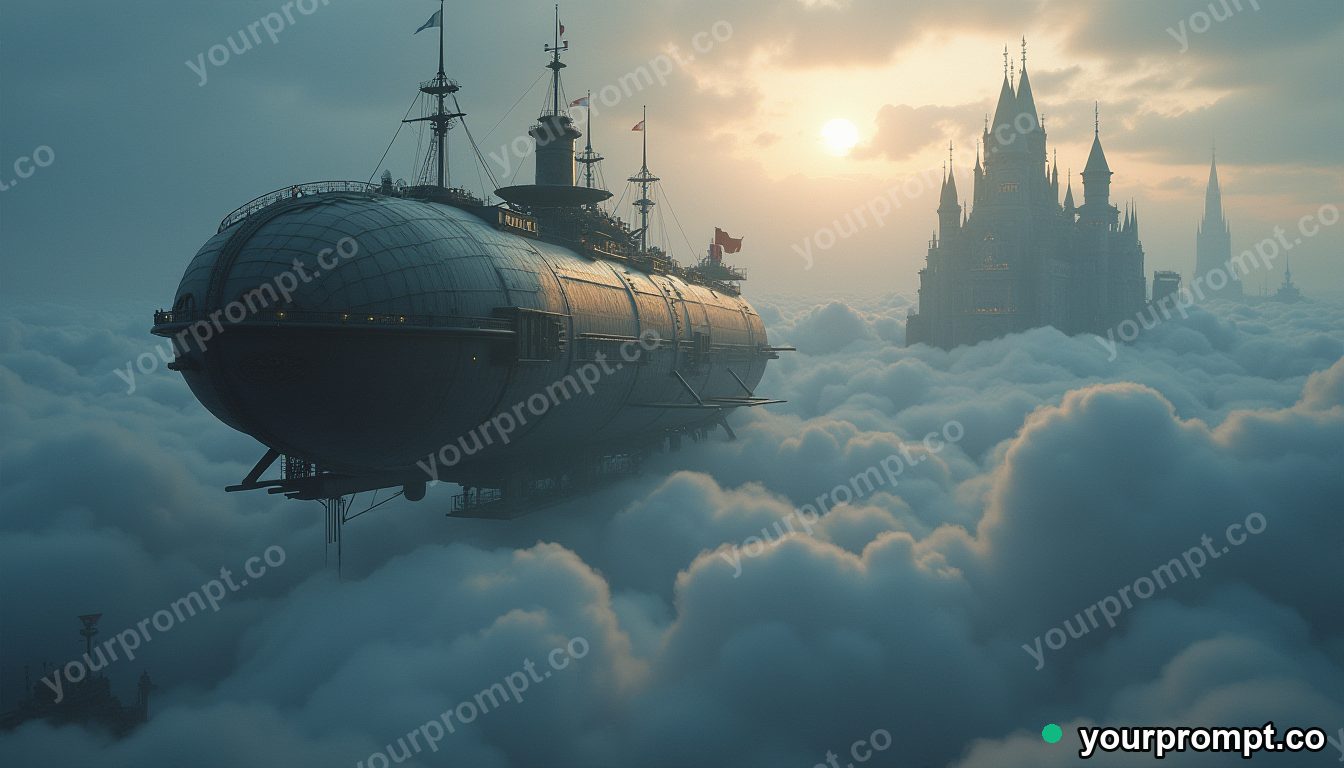 A steampunk airship docking at a cloud city