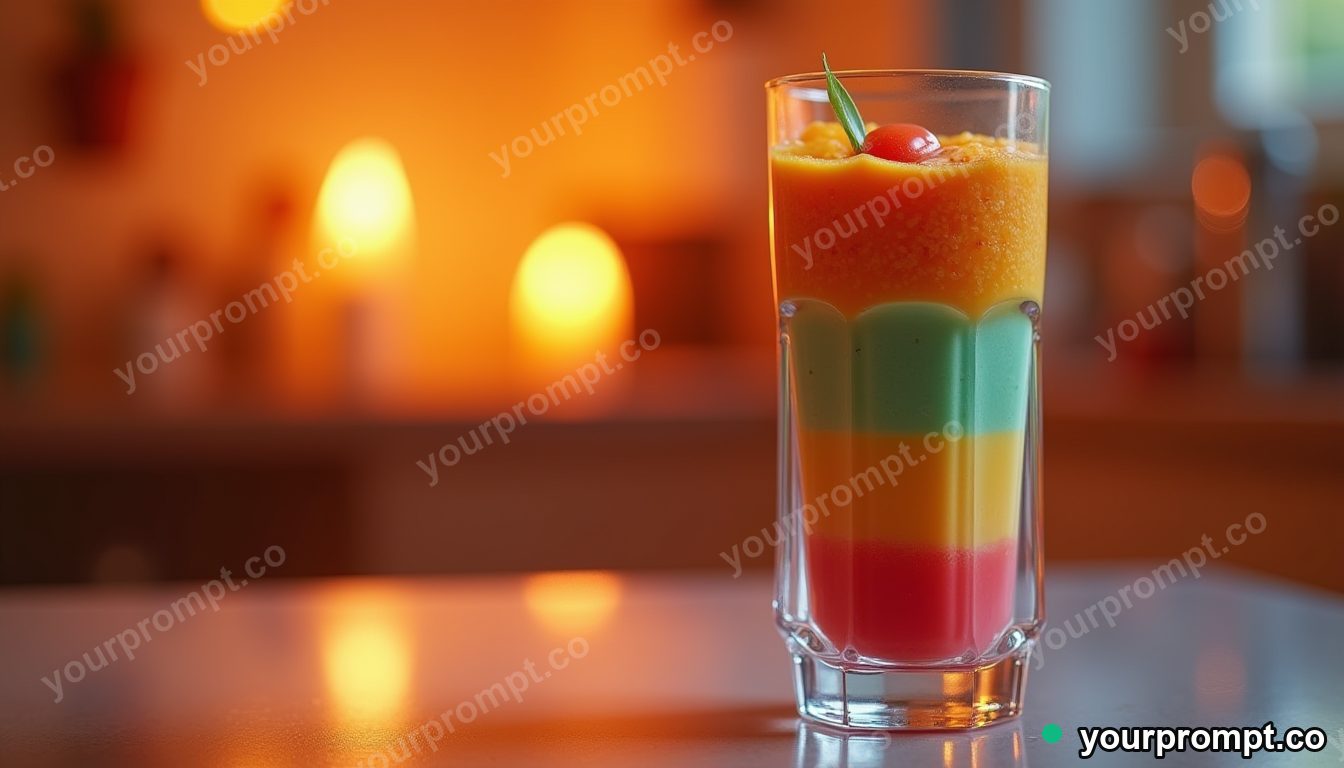 A colorful layered smoothie in a tall glass