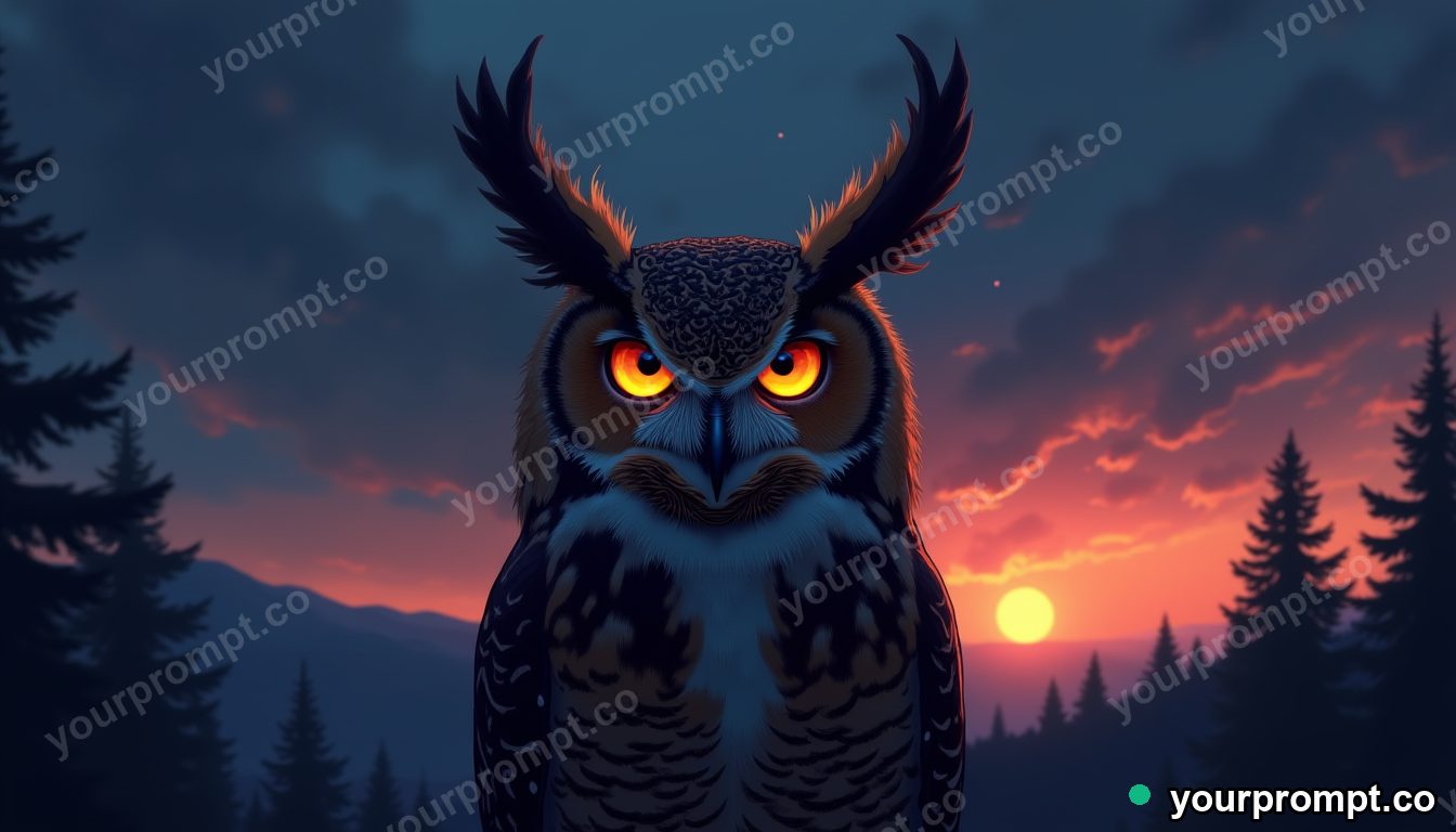 A great horned owl with piercing eyes at dusk