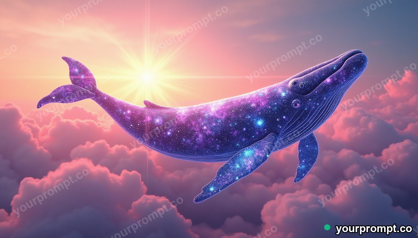A whale made of swirling galaxies drifting through pink clouds