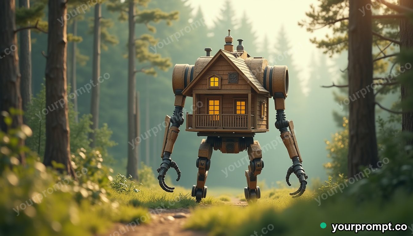 A giant walking mech-house striding through forest