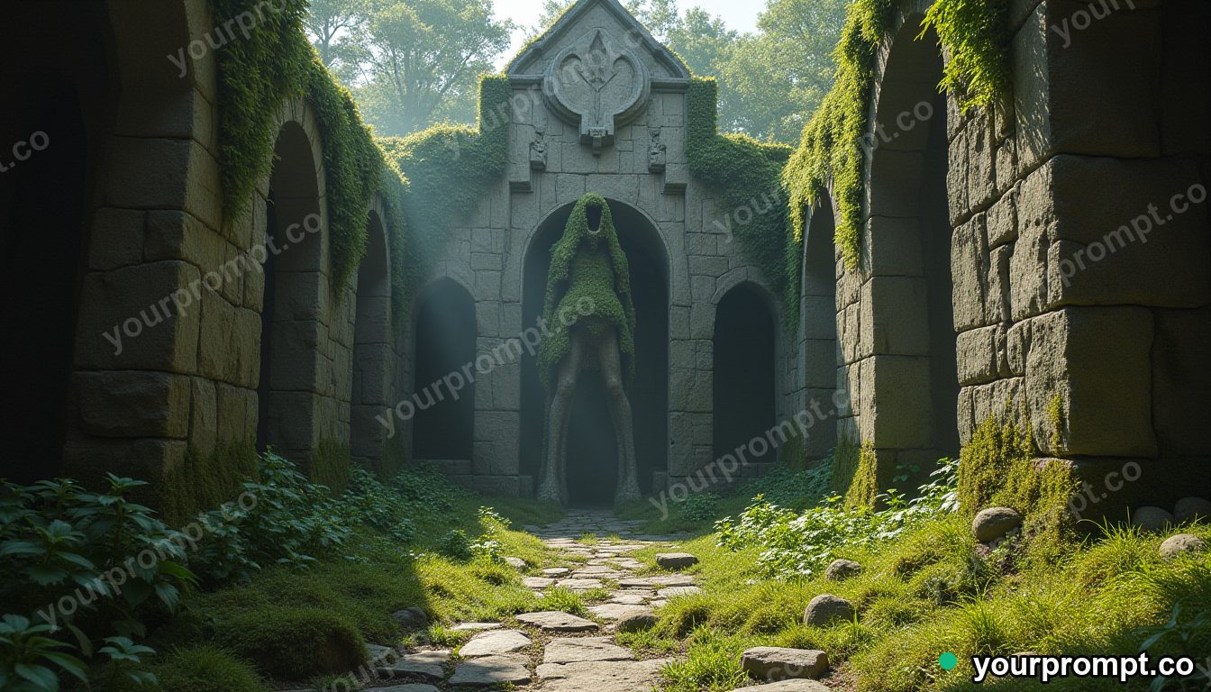 A stone golem awakening in a mossy ruin