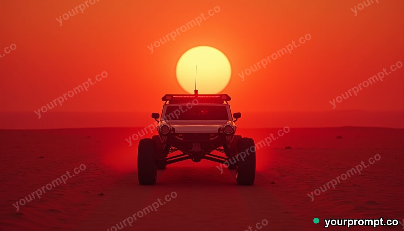 A rover crossing a red martian desert at dusk