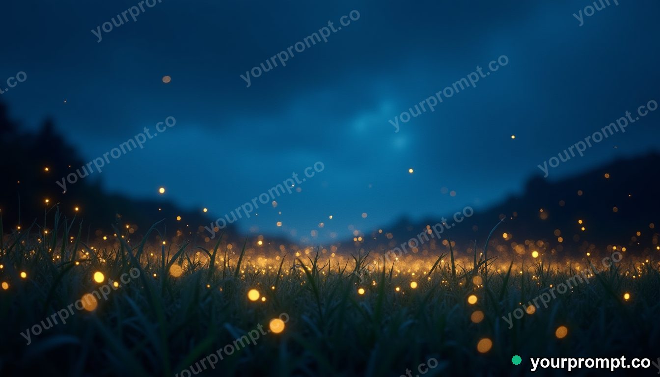 A firefly-lit meadow under a deep blue dusk