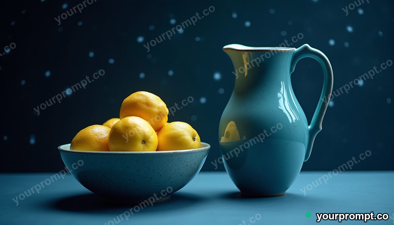 A bowl of lemons beside a blue ceramic jug