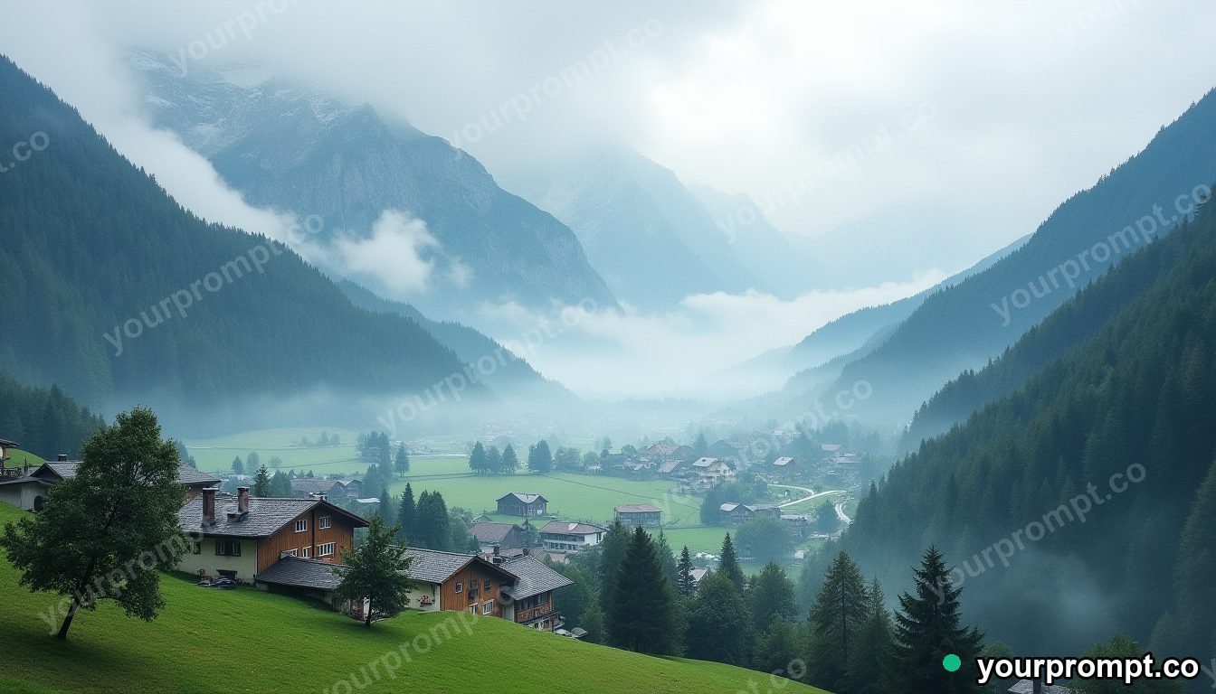 A misty mountain village in the Swiss Alps