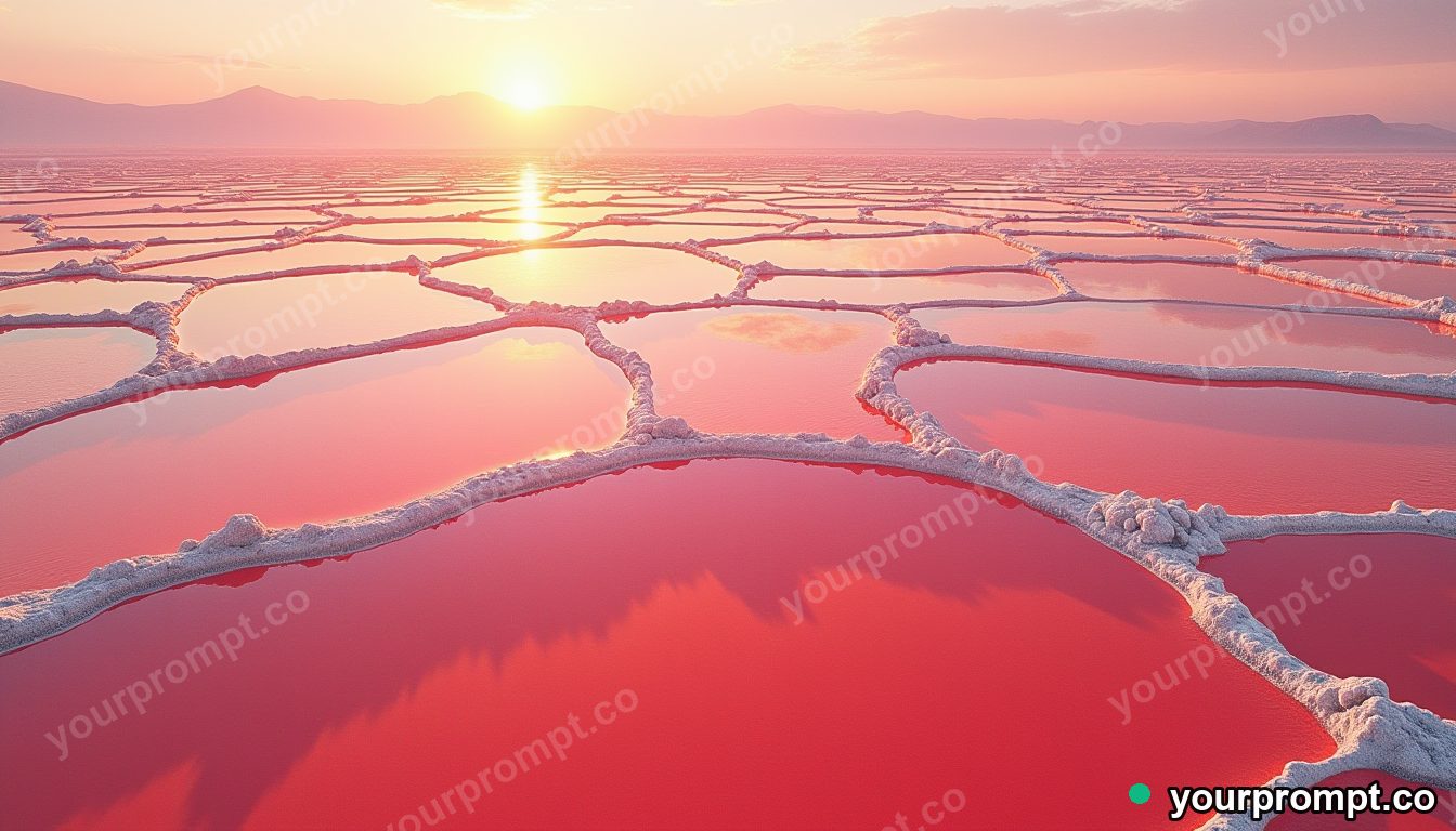 A bird's-eye view of salt evaporation ponds in pink and orange