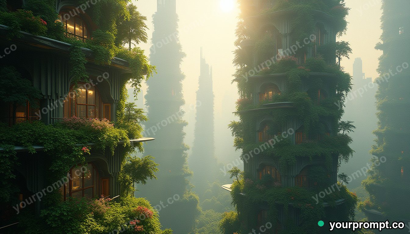 A futuristic eco-skyscraper draped in hanging gardens