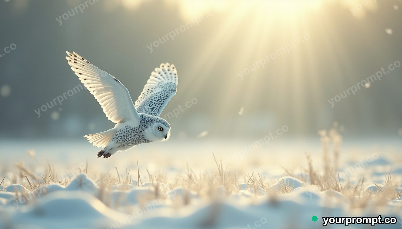 A snowy owl in flight over a winter field
