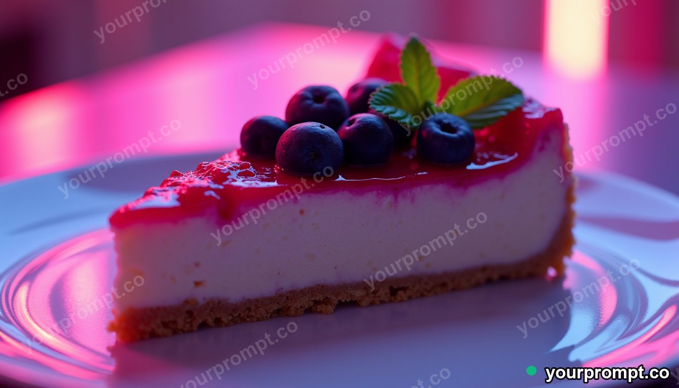 A berry-topped cheesecake slice with mint