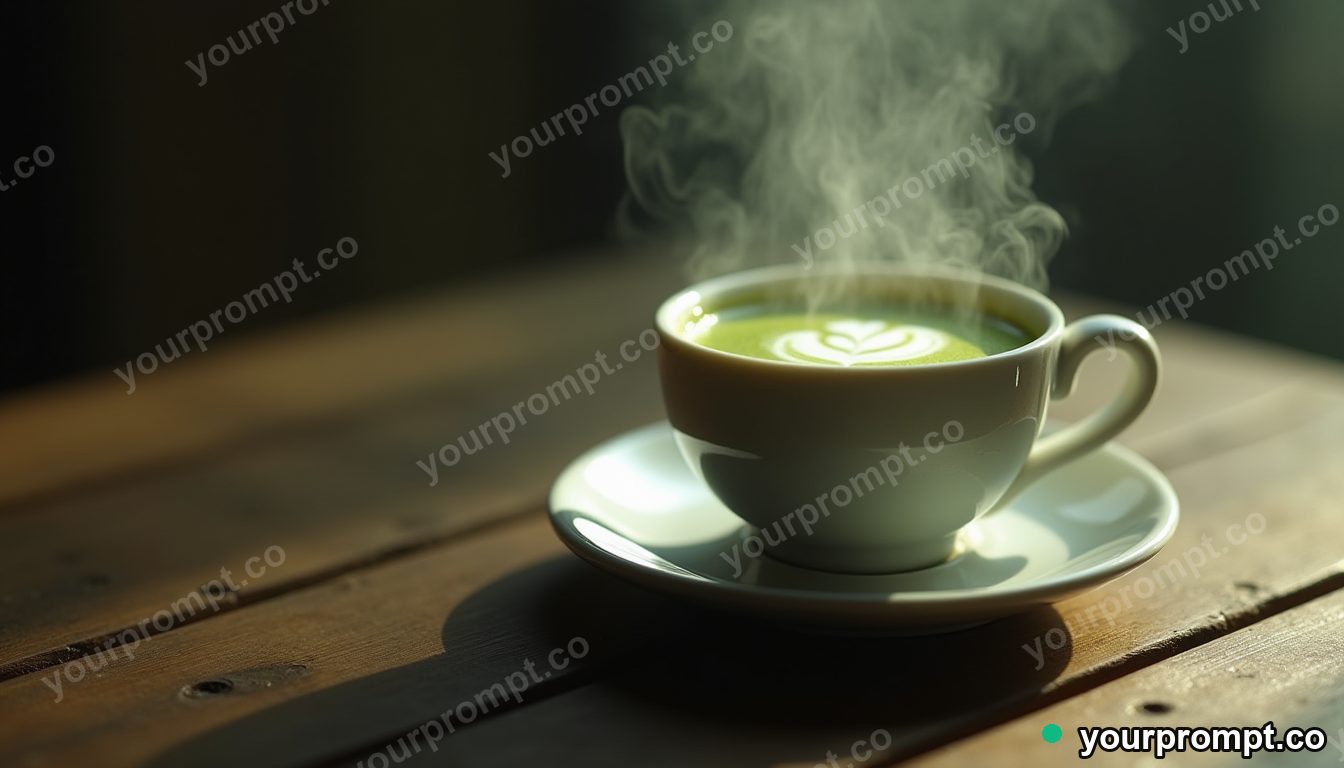 A steaming cup of matcha beside whisked foam