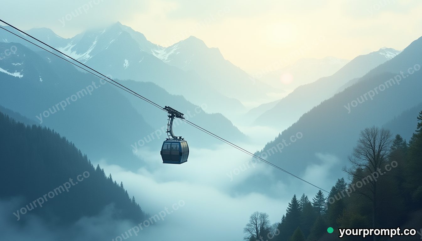 A cable car climbing into misty mountains