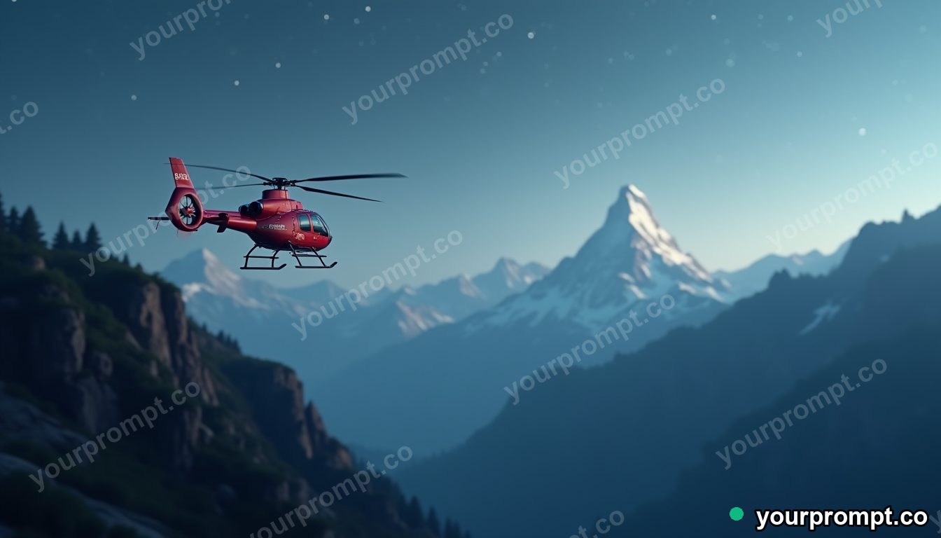 A rescue helicopter hovering above a mountain ridge