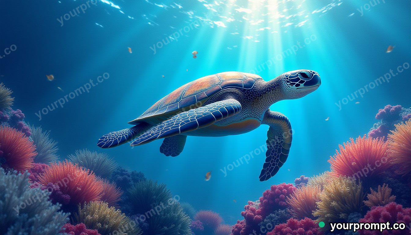A sea turtle drifting over a colorful reef