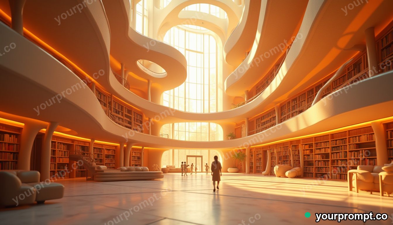 A futuristic library atrium with curving balconies
