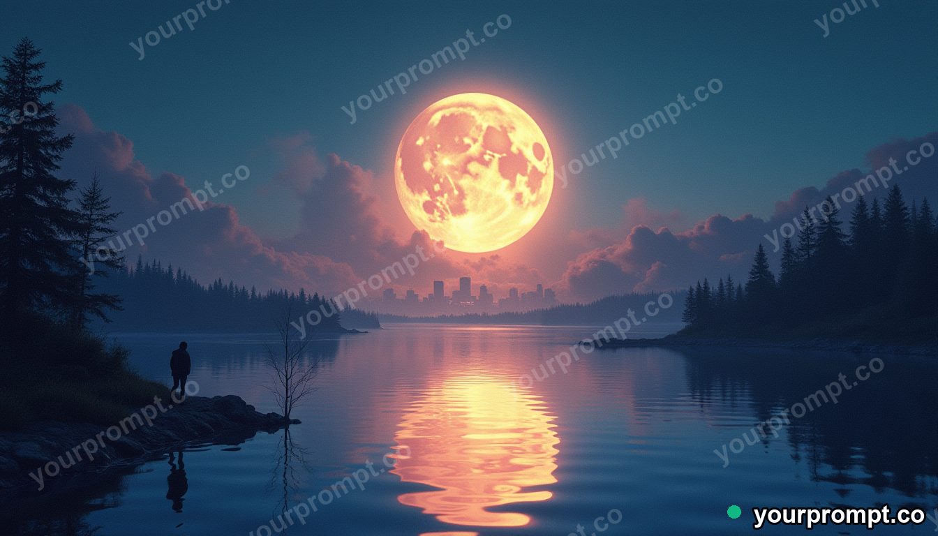 A moonlit lake reflecting an impossible city of light