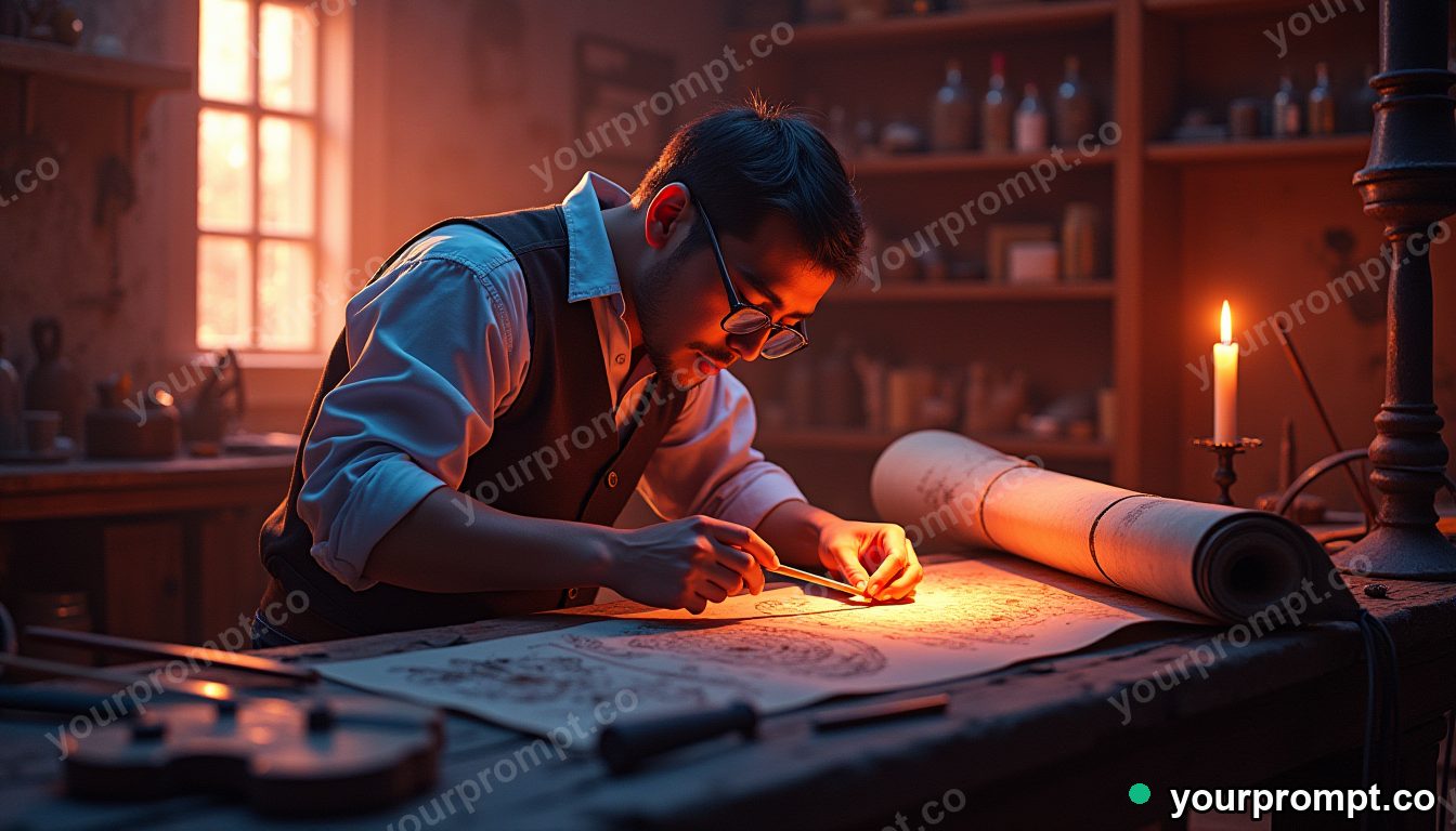 A violin maker carving a scroll in a sunlit workshop