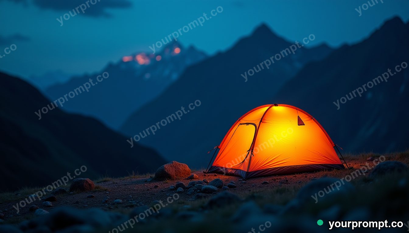 A tent glowing warmly on a dark mountainside