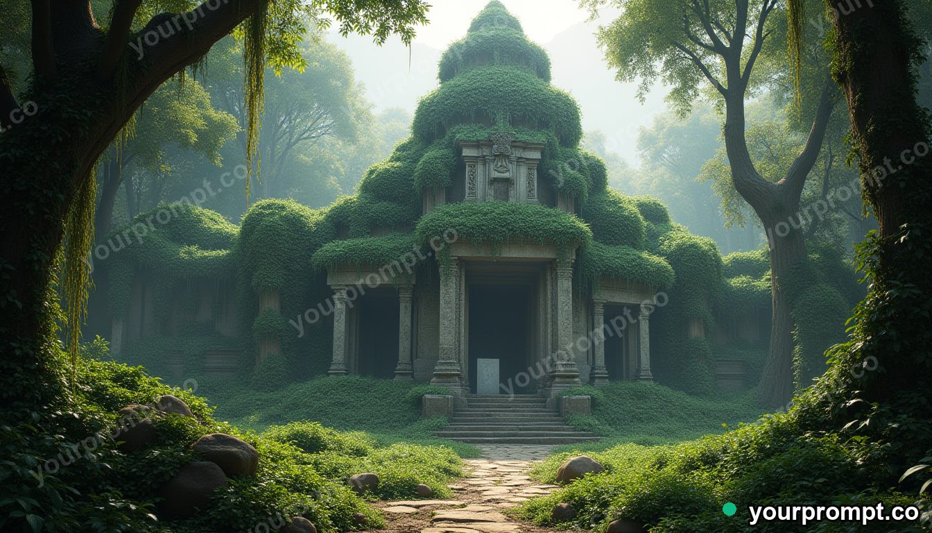 An ancient temple overgrown by jungle vines