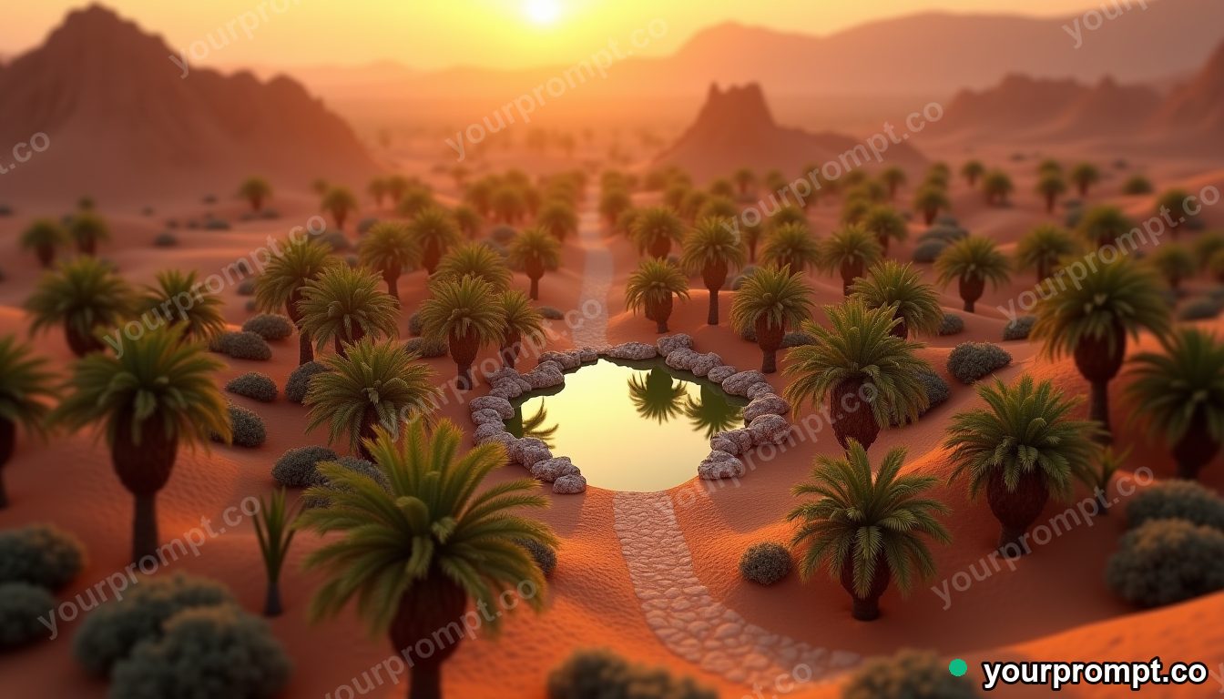An aerial view of a desert oasis with palm clusters