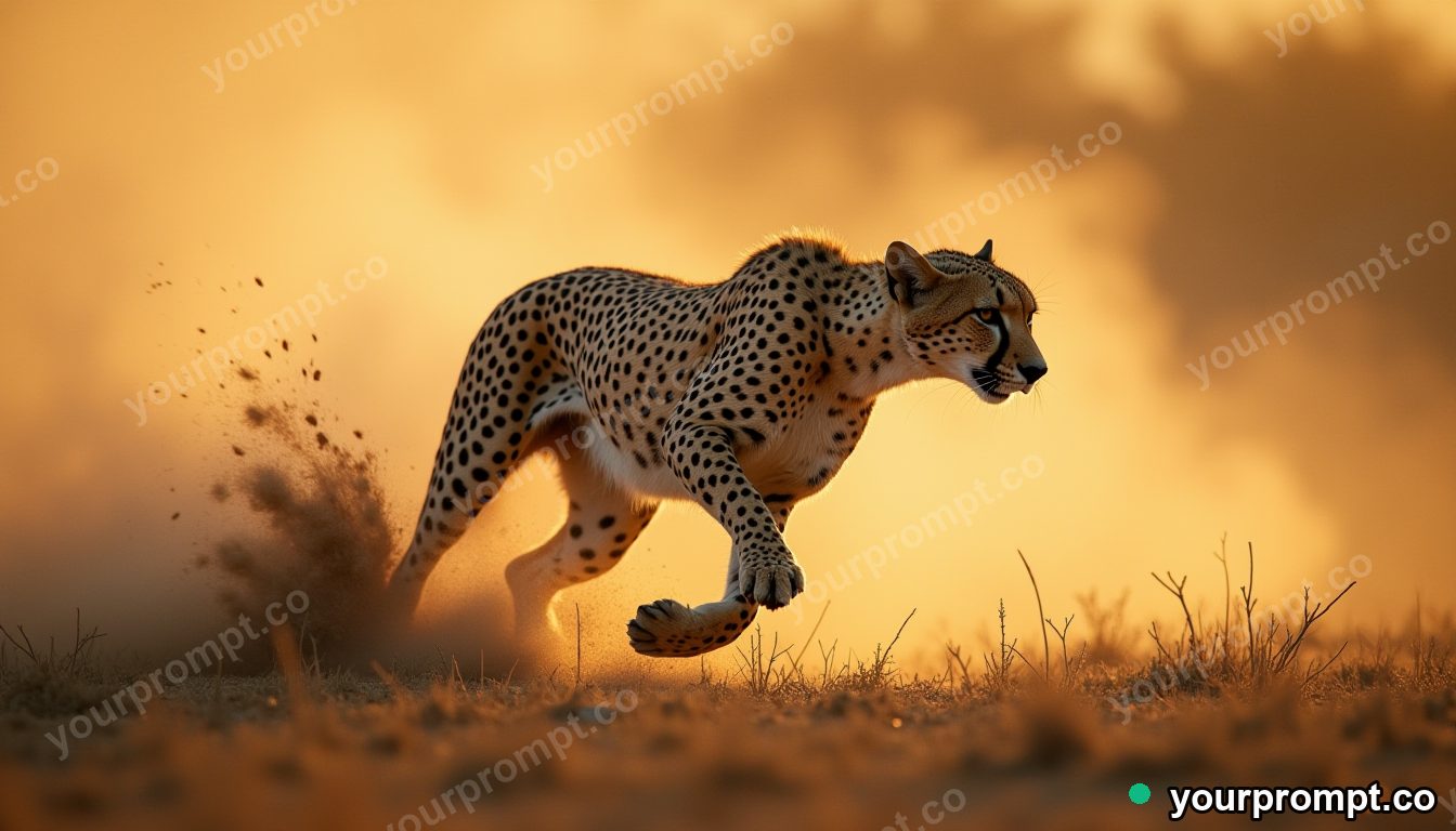 A cheetah mid-sprint kicking up dust