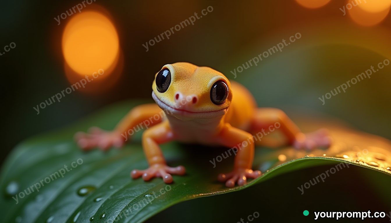 A gecko with sticky toes on a wet leaf, macro