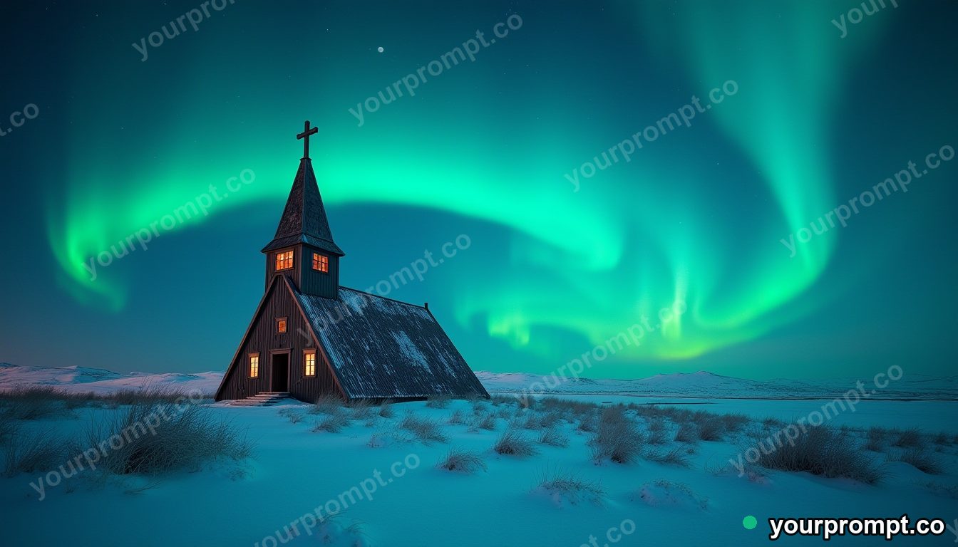 An icy aurora over a remote Icelandic church