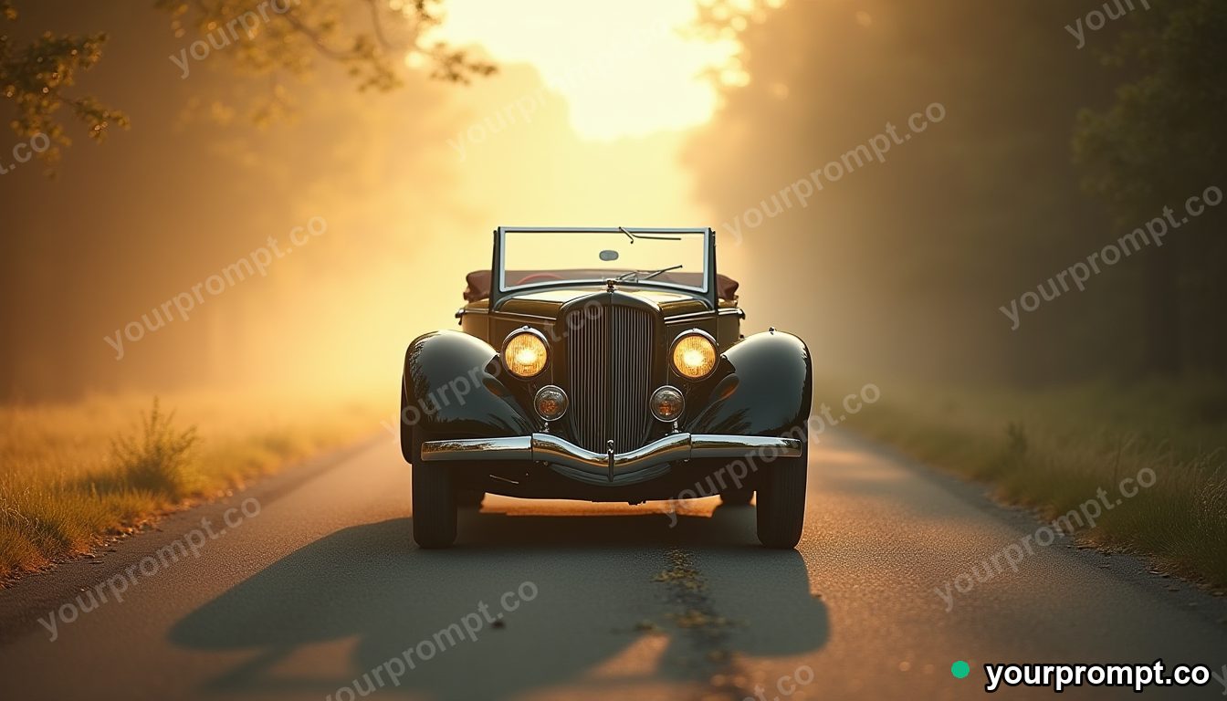 A 1930s art-deco roadster on a misty country road