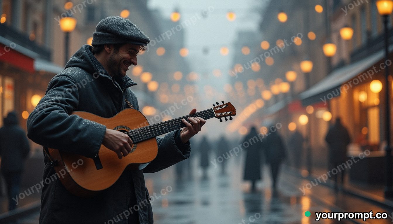 A cheerful street musician playing under fairy lights, fictional