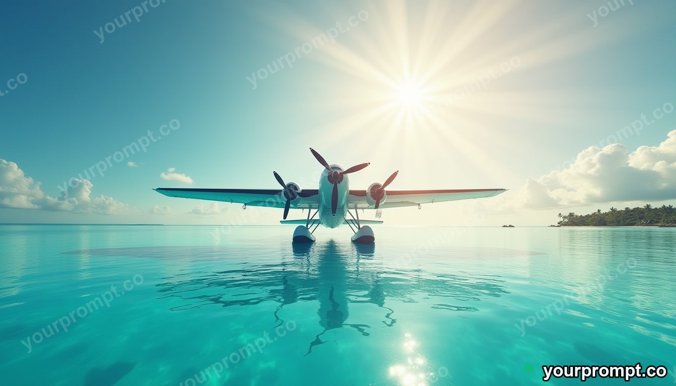 A seaplane landing on a turquoise lagoon
