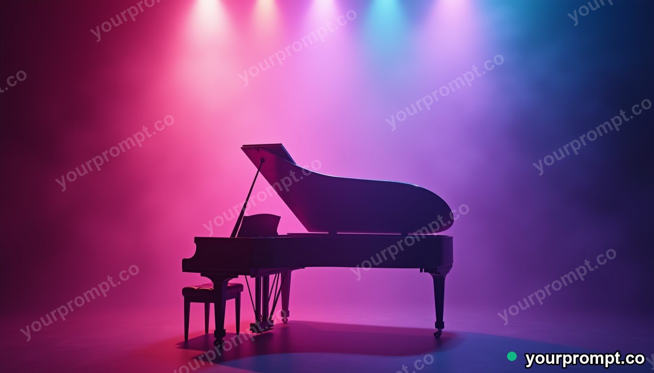 A grand piano on a foggy stage under a single spotlight