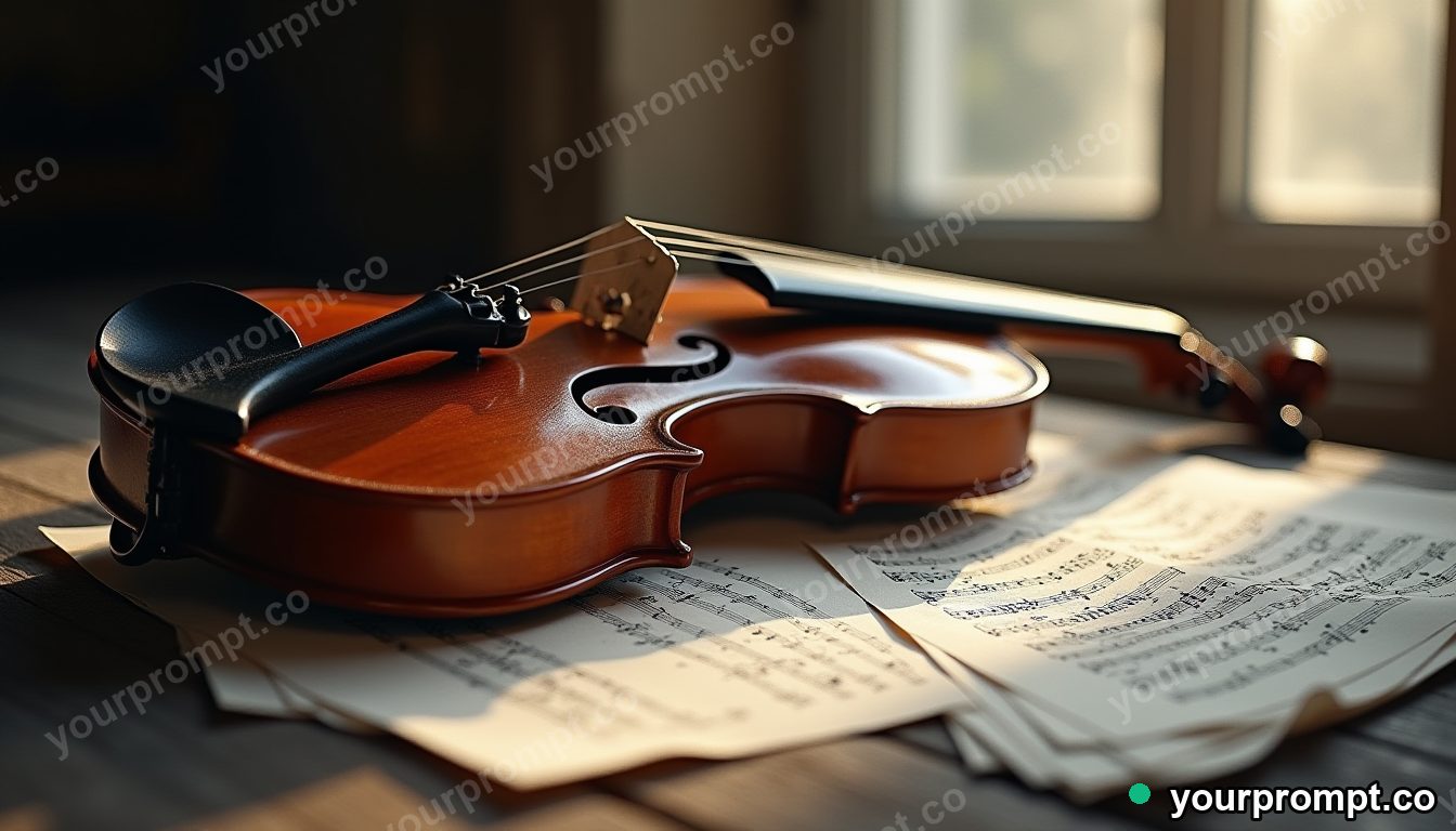 A violin resting on sheet music in soft window light