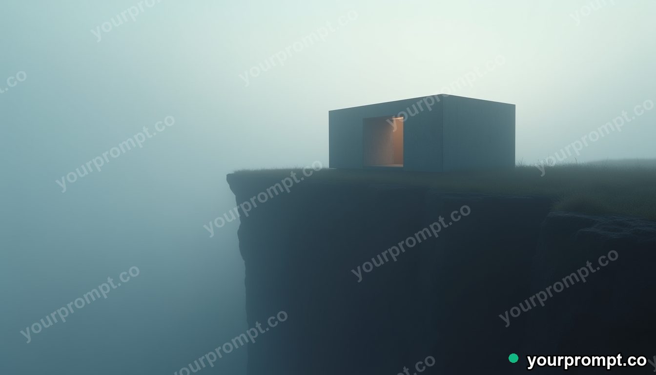 A minimalist concrete house on a misty cliff