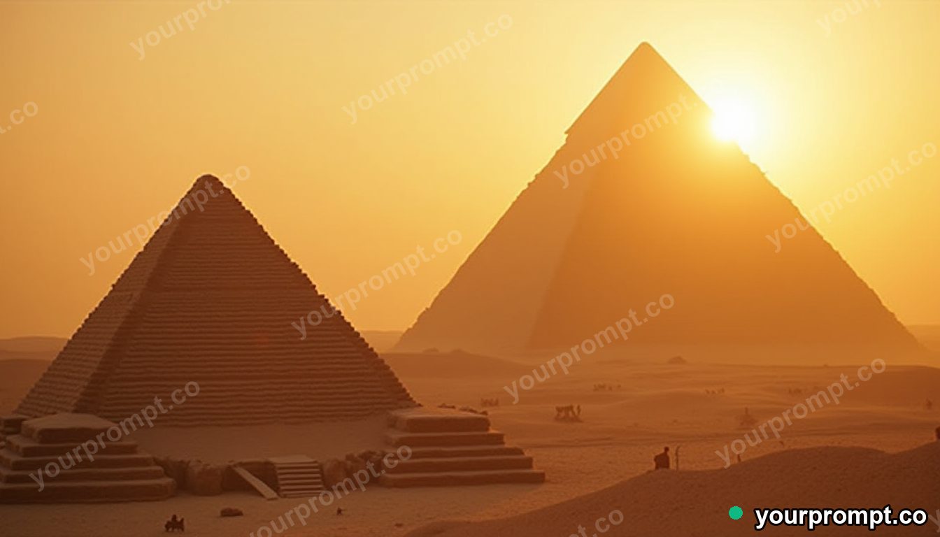 An Egyptian pyramid construction site at golden hour
