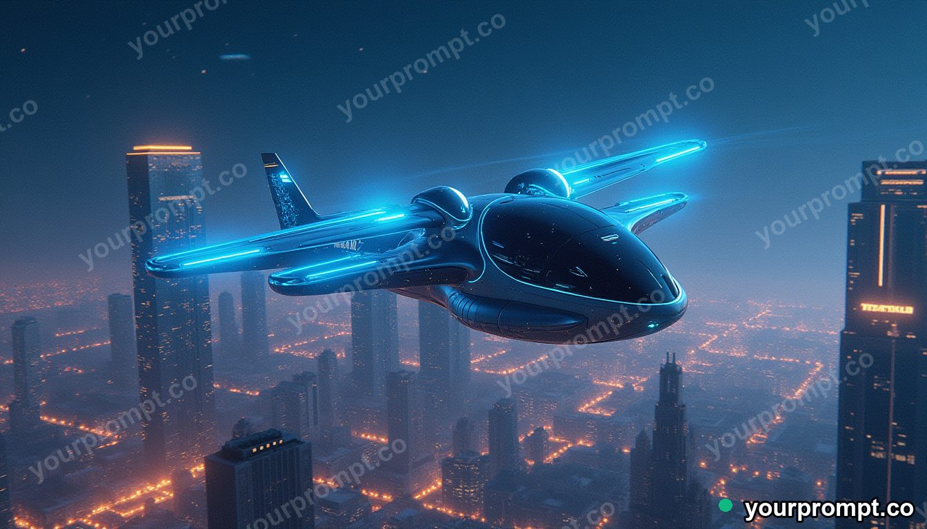 A futuristic eVTOL air taxi over a glass city