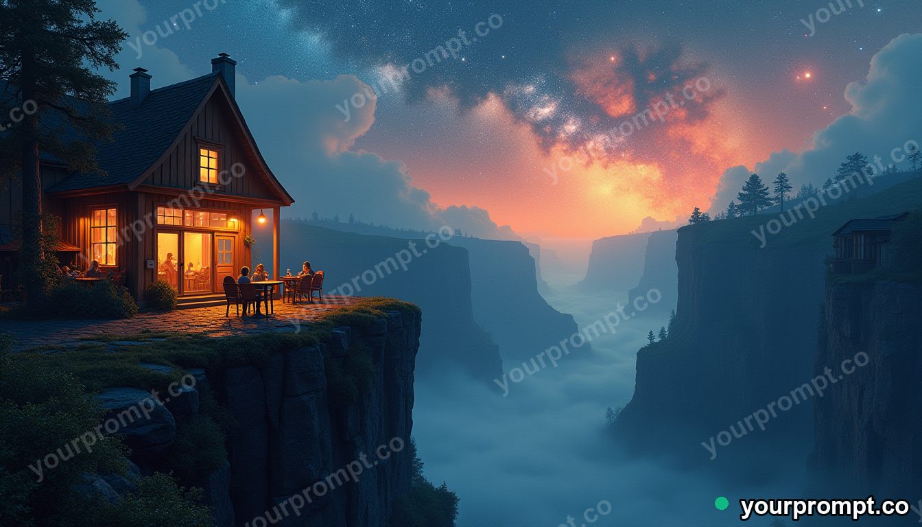 A cliff edge cafe overlooking a galaxy-filled canyon
