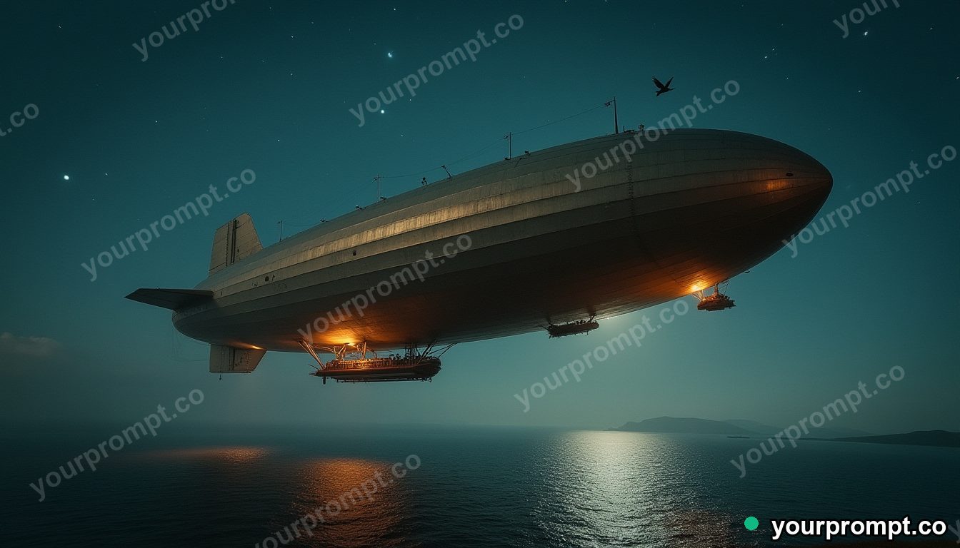 A vintage airship drifting over a coastline