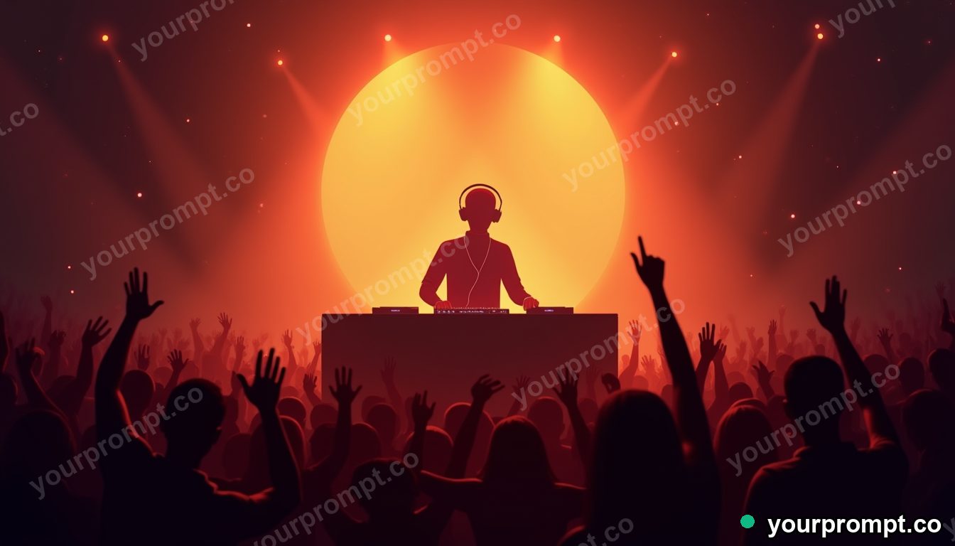 A DJ booth glowing in a crowd of raised hands