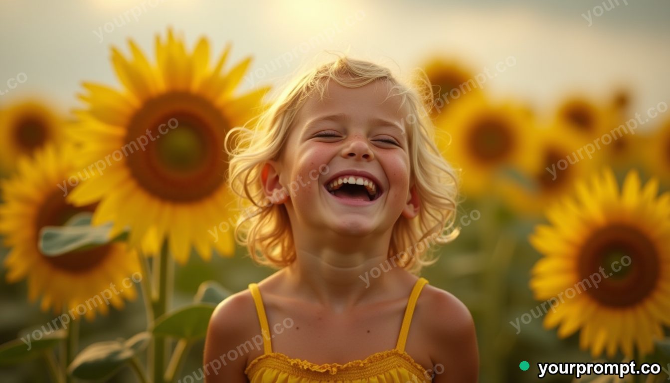 A freckled child laughing in a sunflower field, fictional