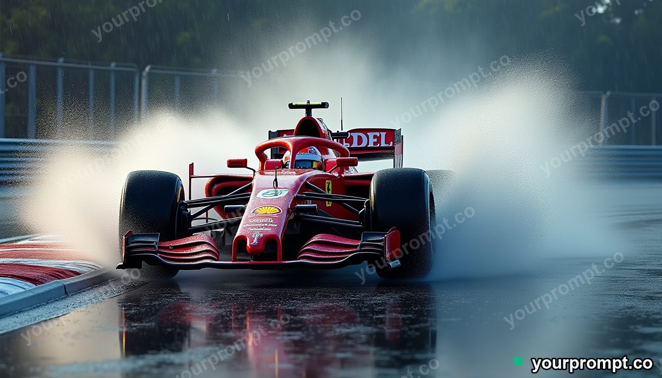 A Formula car blasting through a rainy corner with spray