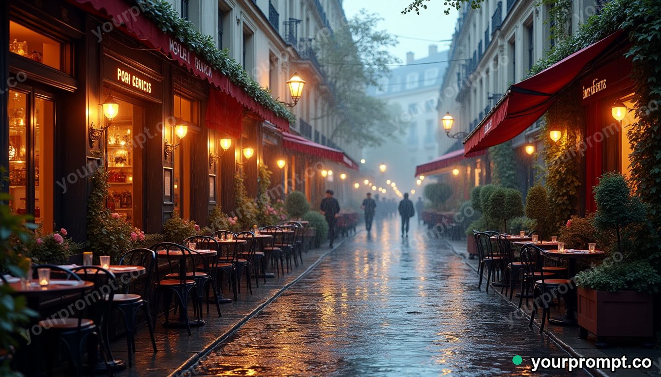 A cobbled Parisian cafe street in soft rain