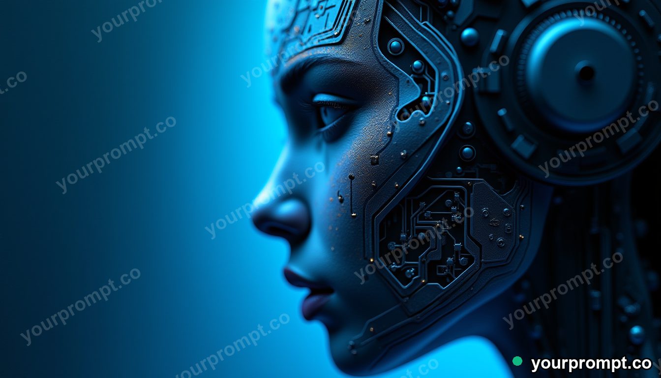A sleek android face half-revealing circuitry