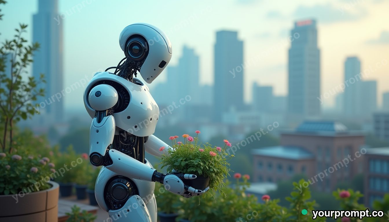 A friendly humanoid robot tending a rooftop garden