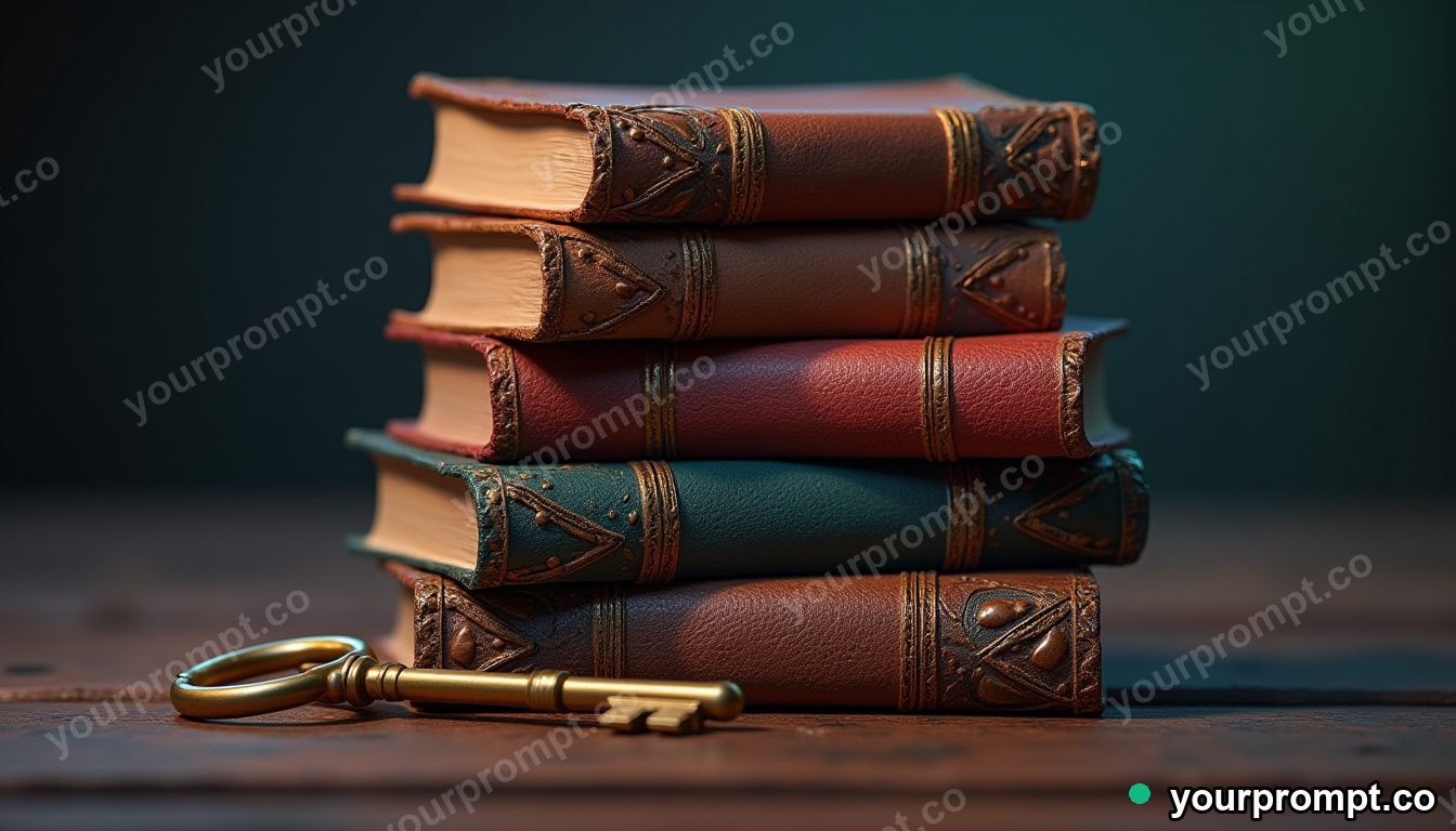 A stack of old leather books with a brass key