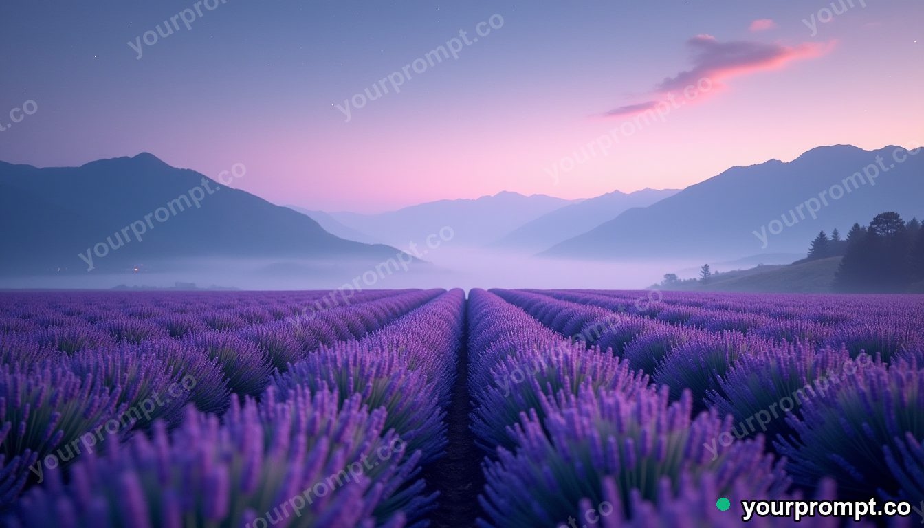 A lavender field stretching to misty mountains